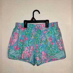 Lilly Pulitzer NWOT Ocean Trail Shorts Luxletic Almalfi Blue Best Fishes Size XS